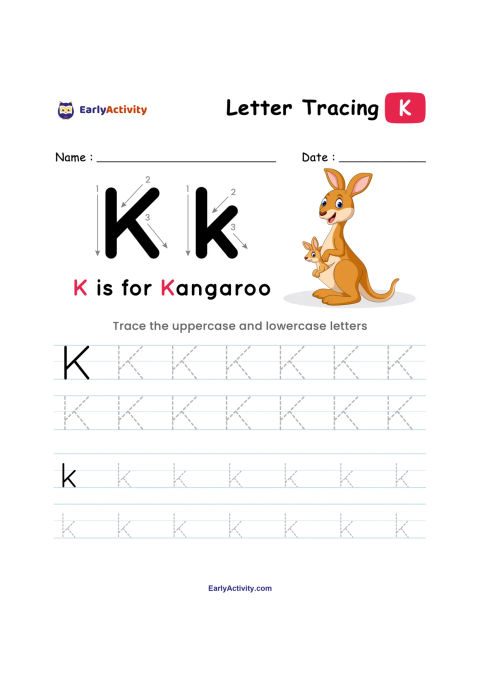 Letter tracing worksheet showing uppercase and lowercase K, dotted practice lines, and a kangaroo illustration.