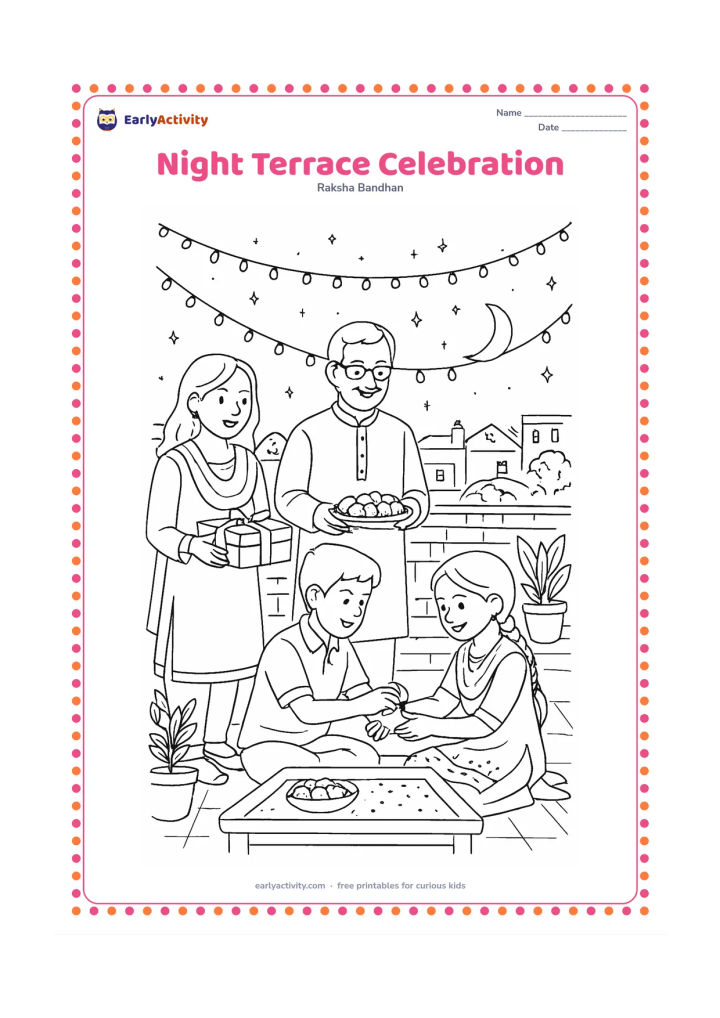Colouring page: A family celebrates on a rooftop terrace at night, with a child tying a rakhi while relatives hold sweets and plain gifts. Show string lights, potted plants, a low table, stars, a…