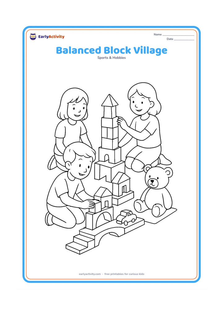 Colouring page: Several children build a balanced village from wooden blocks, including houses, a bridge and a tower, while toy cars travel along the gaps between buildings. Add a teddy bear observing…