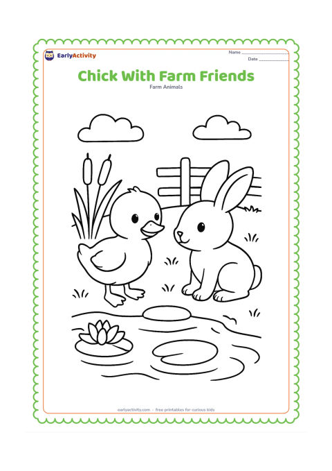 Colouring page: Draw a chick beside a friendly duckling and a small rabbit near a farm pond. Include reeds, lily pads, a stepping stone, and a low fence in the background.