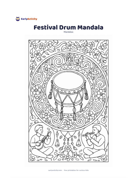 Colouring page: Design a circular mandala with a decorated hand drum at the centre, surrounded by rhythmic curved bands, tassels, flower garlands and small hand cymbals. Add two musicians seated in…