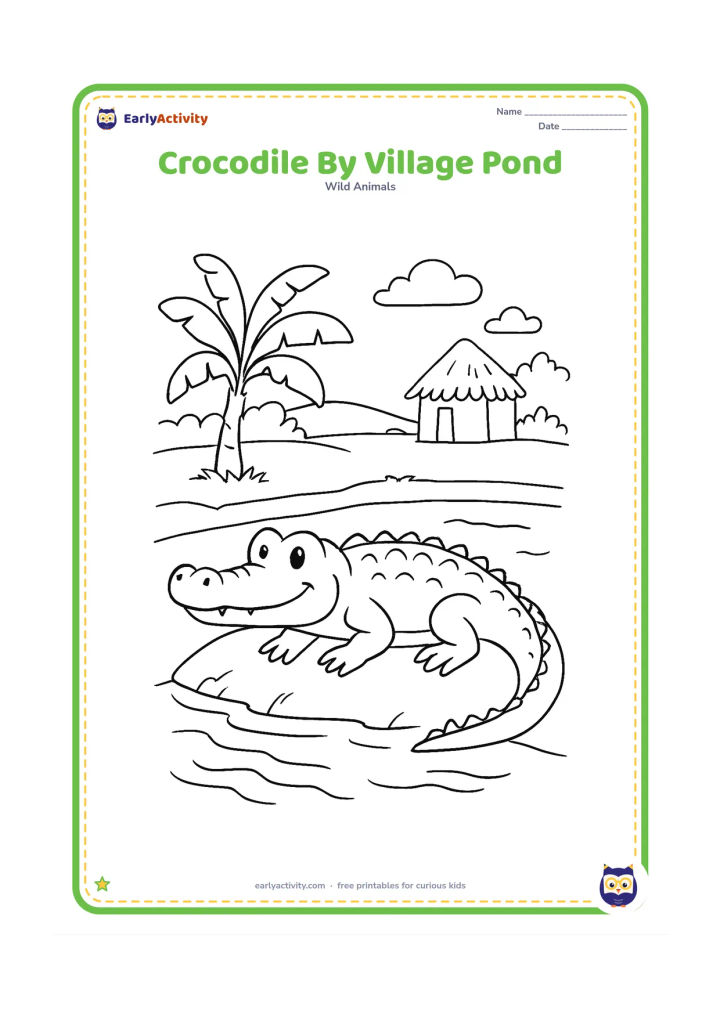 Colouring page: Draw a crocodile resting near an Indian village pond, with a simple earthen bank, a small thatched hut in the distance, banana plants, and water ripples. Do not include people or writing.