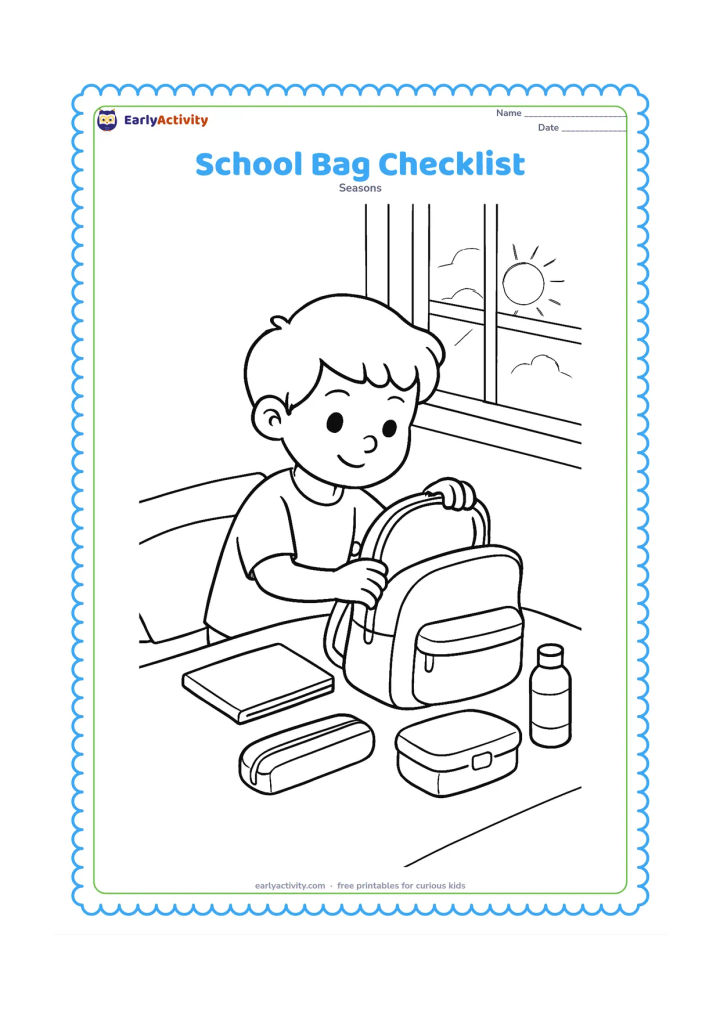 Colouring page: A child checks an open school bag on a bed while books, a notebook, a pencil case, a lunch box and a water bottle are arranged around it. Include a window with morning light.