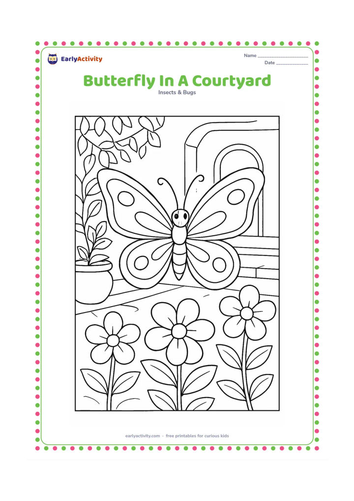 Colouring page: Draw a butterfly visiting flowers in an Indian courtyard with a low wall, a clay planter, leafy vines, and a simple doorway in the background. Keep the butterfly large in the center…