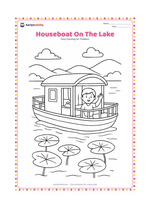 Colouring page: Draw a houseboat gliding across a peaceful lake, with a covered cabin, railings, a small cooking area and a person waving from the deck. Add lotus leaves, distant hills and reflections…