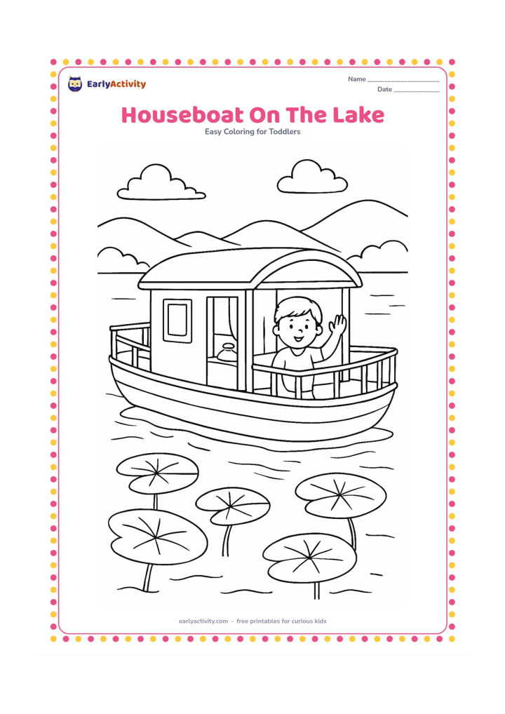 Colouring page: Draw a houseboat gliding across a peaceful lake, with a covered cabin, railings, a small cooking area and a person waving from the deck. Add lotus leaves, distant hills and reflections…