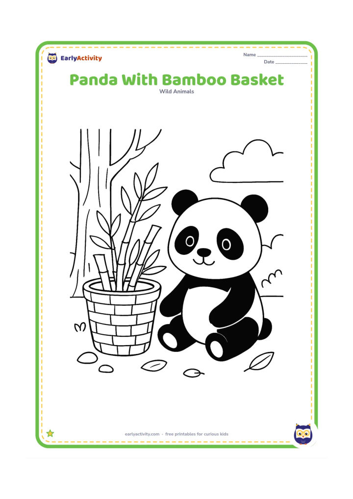 Colouring page: Draw a panda beside a woven bamboo basket filled with leafy bamboo stems in a forest clearing. Add a tree trunk, stones and a few ground leaves.