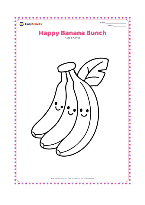 Colouring page: Draw a smiling bunch of three curved bananas joined at the stem, with a small banana plant leaf behind them. Keep the bunch centered and easy to fill.