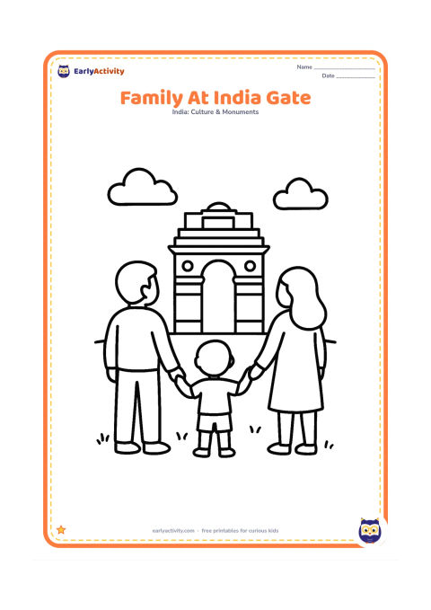 Colouring page: Show two adults and one child standing together on a lawn and looking toward a simple India Gate. Add a broad sky and one small tree.