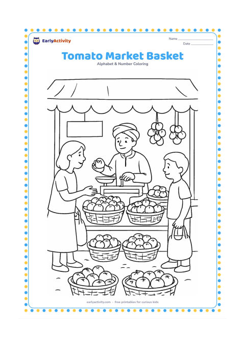 Colouring page: Draw a busy but orderly Indian vegetable market stall with baskets of tomatoes, a vendor weighing produce on a balance scale, hanging cloth awnings, and shoppers carrying cloth bags.…