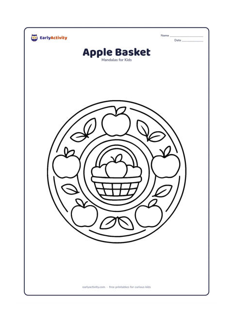 Colouring page: A circular mandala showing a small basket of apples at the centre, surrounded by repeated apples, leaves and curved basket-weave bands. Arrange the apples evenly so the design remains…
