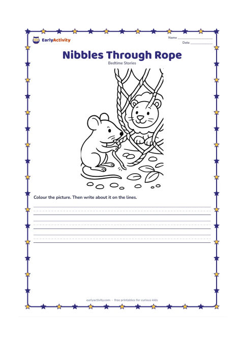 Printable: The mouse gnaws through one thick rope of the net while the lion watches hopefully from inside. Show a close forest-floor view with rope loops, leaves, pebbles and the mouse's tiny paws.