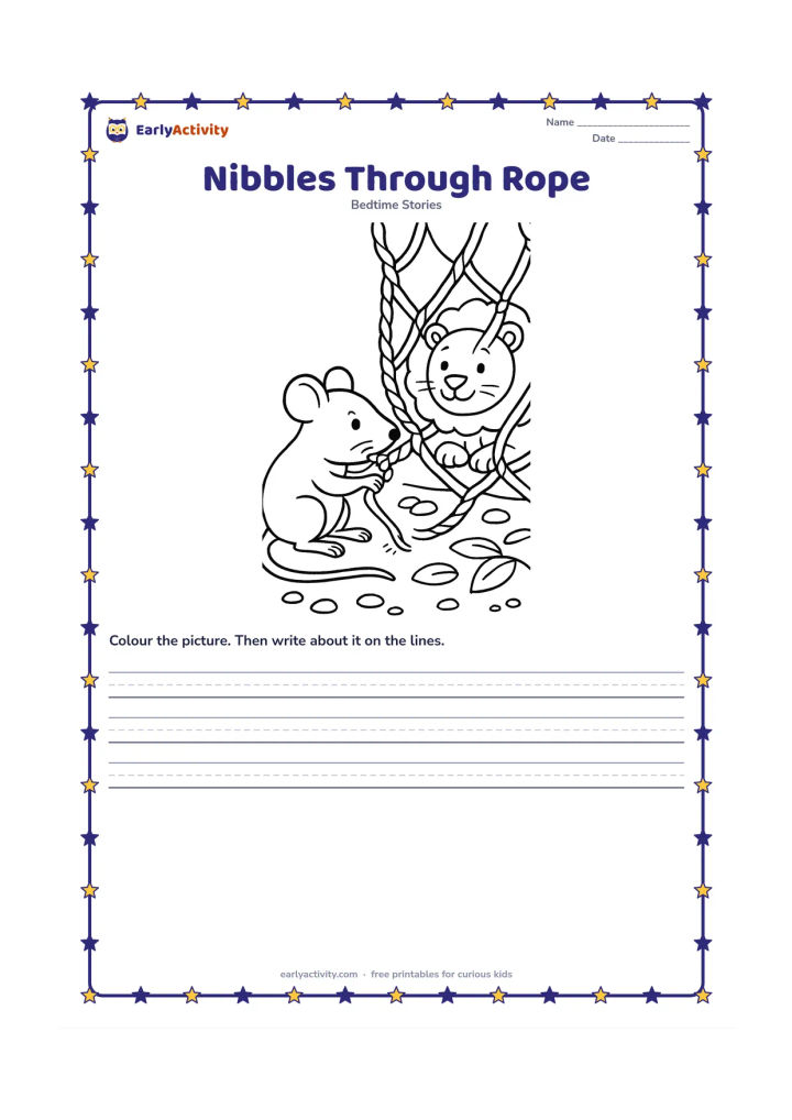Printable: The mouse gnaws through one thick rope of the net while the lion watches hopefully from inside. Show a close forest-floor view with rope loops, leaves, pebbles and the mouse's tiny paws.