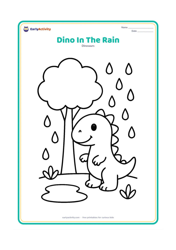 Colouring page: A cheerful young dinosaur stands beneath one large leafy tree while broad raindrops fall around it. Add a small puddle and two simple plants.