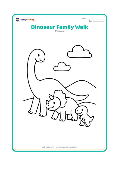 Colouring page: Draw a smiling dinosaur family walking from left to right across a plain: a large Brachiosaurus, a medium Triceratops and a small baby T-Rex. Add a low hill and two clouds.