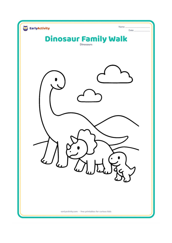 Colouring page: Draw a smiling dinosaur family walking from left to right across a plain: a large Brachiosaurus, a medium Triceratops and a small baby T-Rex. Add a low hill and two clouds.