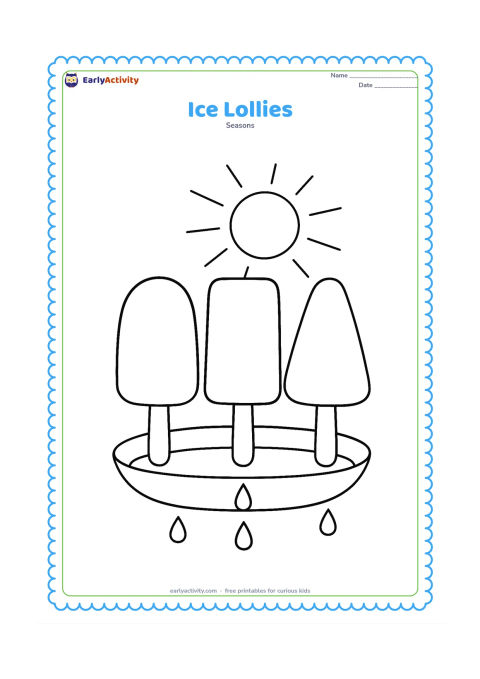 Colouring page: Three different ice lollies on sticks stand in a row in a small dish, with one melting drop beneath each. Add a few simple sun rays behind them.