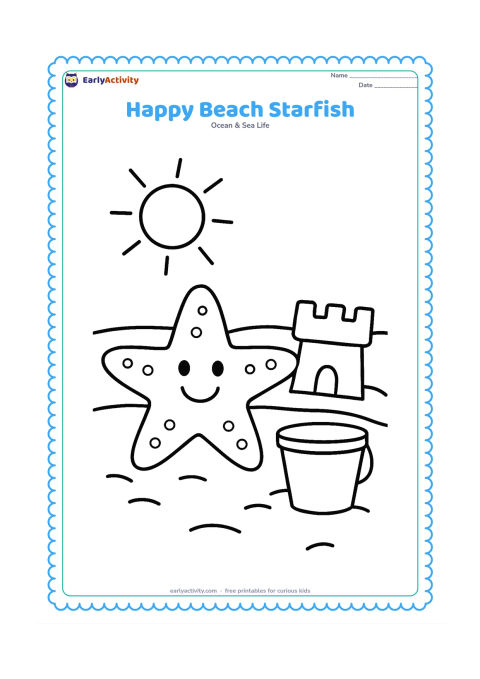 Colouring page: Draw a large starfish on a sunny beach beside a simple sandcastle shape and a bucket, with no people.