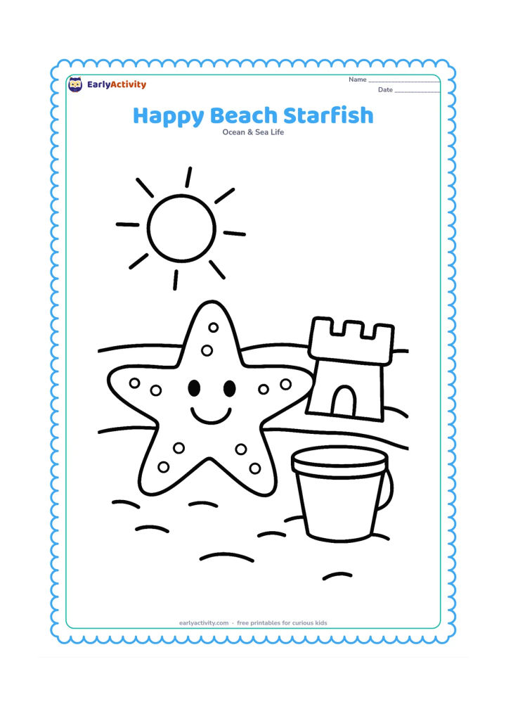 Colouring page: Draw a large starfish on a sunny beach beside a simple sandcastle shape and a bucket, with no people.