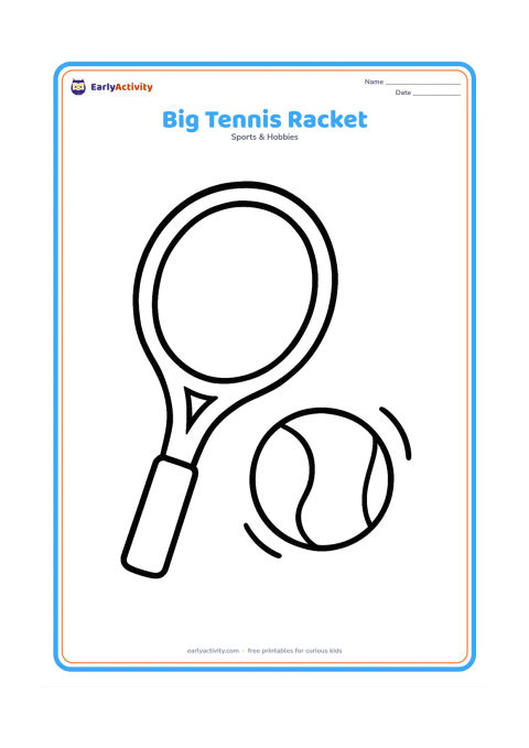 Colouring page: A single oversized tennis racket beside one large tennis ball, centered on a blank background with a few simple motion curves near the ball.