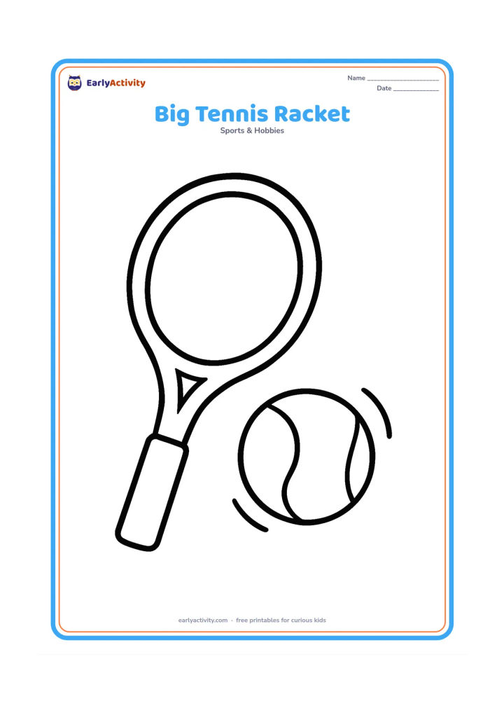 Colouring page: A single oversized tennis racket beside one large tennis ball, centered on a blank background with a few simple motion curves near the ball.