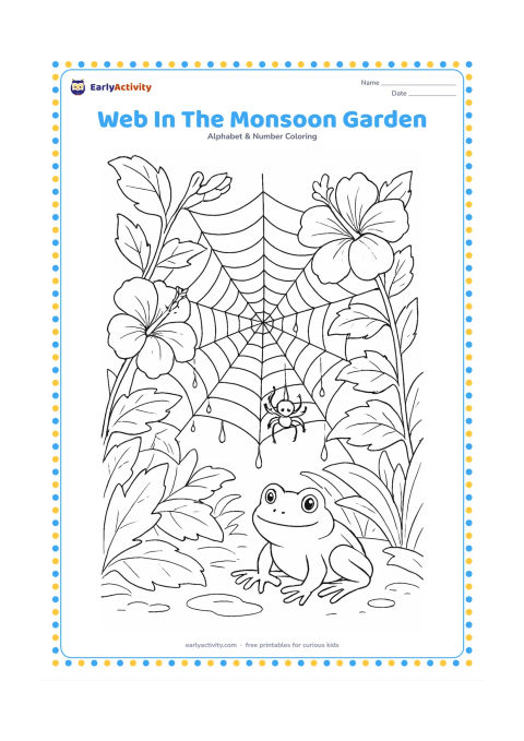 Colouring page: Draw a detailed spider web between hibiscus plants after monsoon rain, with a small spider, water droplets on the threads, wet leaves, and a frog on the ground below. Use a close garden…