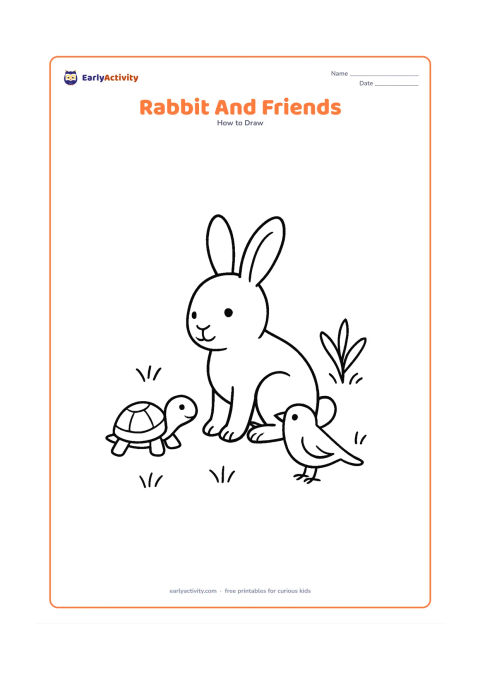 Worksheet: Show a central sitting rabbit beside a small tortoise and a small bird on the ground, with each animal facing the rabbit. Add a few grass tufts and one leafy plant.