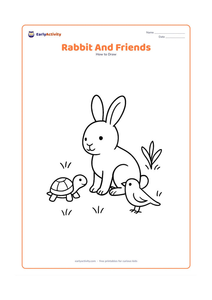 Worksheet: Show a central sitting rabbit beside a small tortoise and a small bird on the ground, with each animal facing the rabbit. Add a few grass tufts and one leafy plant.