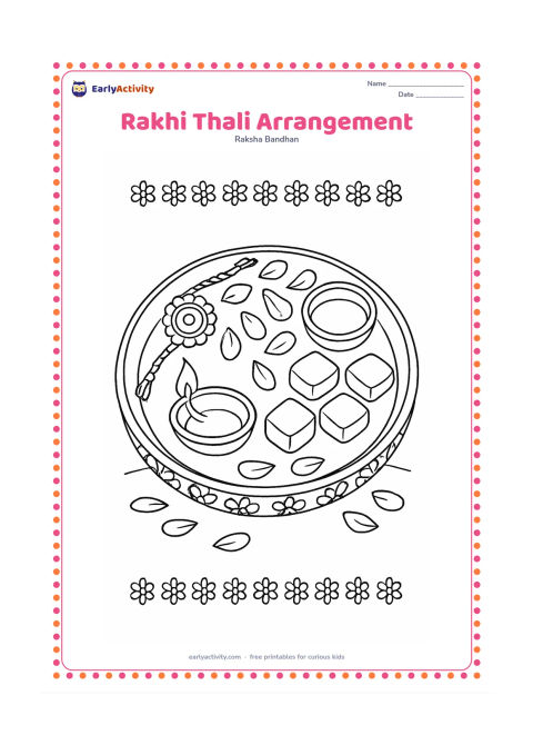 Colouring page: A decorated round thali holds a rakhi, flower petals, sweets, a small lamp, and a tiny bowl. Add a floral border around the plate and a few scattered petals on the cloth beneath it.