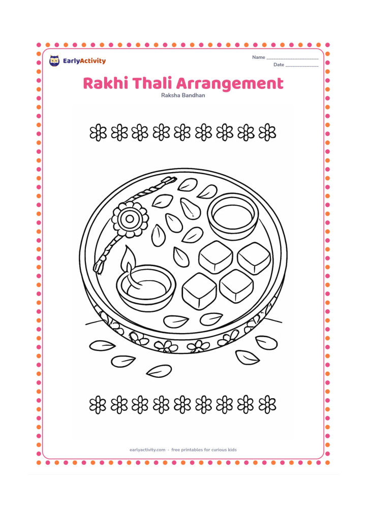 Colouring page: A decorated round thali holds a rakhi, flower petals, sweets, a small lamp, and a tiny bowl. Add a floral border around the plate and a few scattered petals on the cloth beneath it.