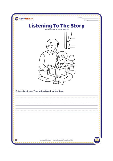 Worksheet: Show a child sitting beside an adult who is reading an open picture book about Akbar, Birbal and the lake. Include a floor cushion and a small lamp in a cosy home setting.
