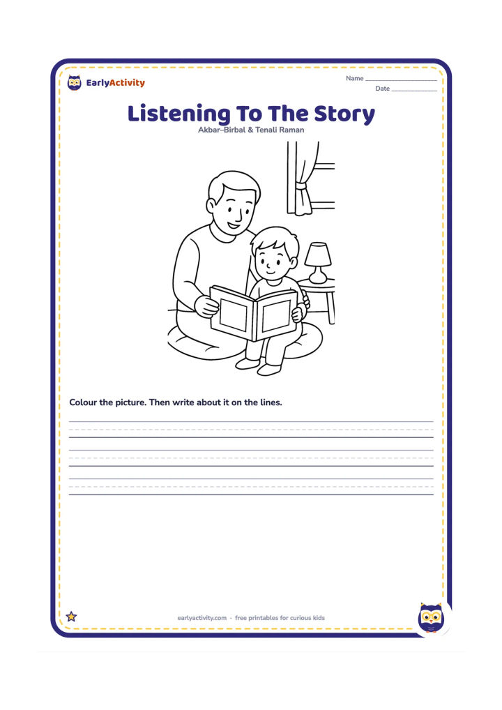 Worksheet: Show a child sitting beside an adult who is reading an open picture book about Akbar, Birbal and the lake. Include a floor cushion and a small lamp in a cosy home setting.