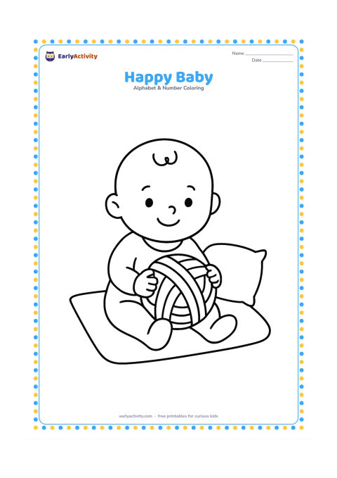 Colouring page: Draw a smiling baby sitting on a floor mat and holding a large soft ball of yarn, with one cushion nearby.