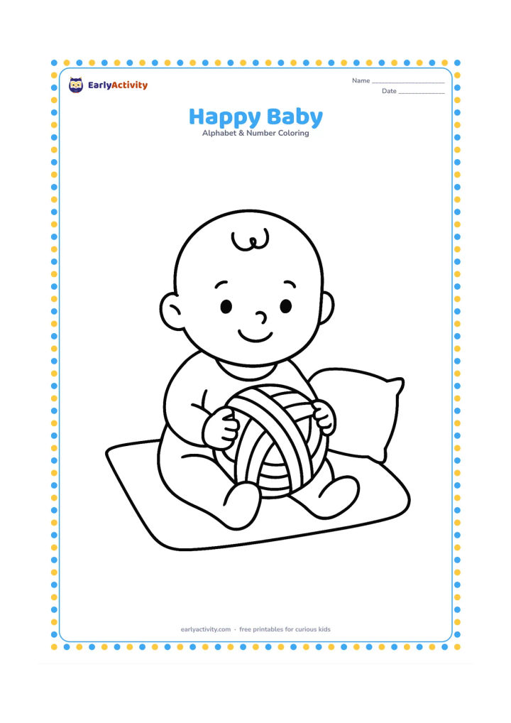 Colouring page: Draw a smiling baby sitting on a floor mat and holding a large soft ball of yarn, with one cushion nearby.