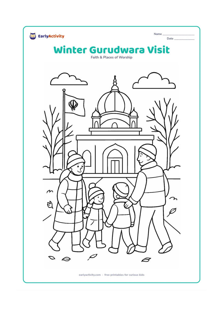 Colouring page: Draw a family in warm clothing approaching a gurudwara on a cool winter morning, with a dome, Nishan Sahib, bare branches, gentle clouds and a few fallen leaves.
