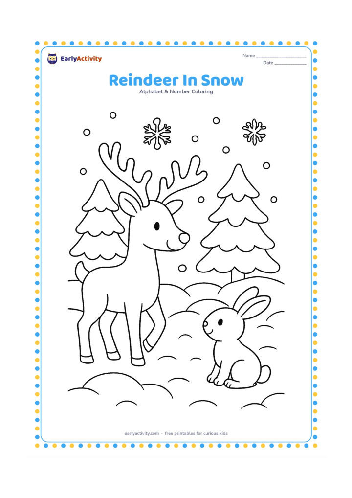 Colouring page: Draw a gentle reindeer walking through a snowy woodland, with a small evergreen tree, rounded snowdrifts, falling snowflakes and a friend beside it. Use a winter forest clearing with no…