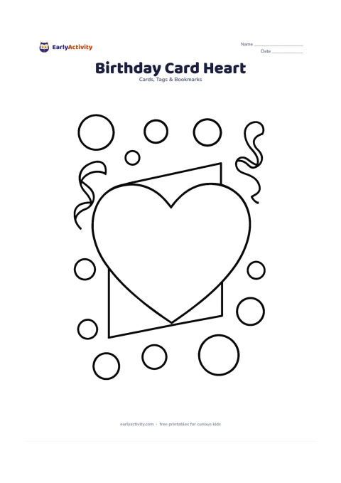 Worksheet: Show a large heart-shaped card with a simple folded edge, surrounded by oversized dots and two ribbon curls. Leave the centre of the heart completely blank for a child's message.