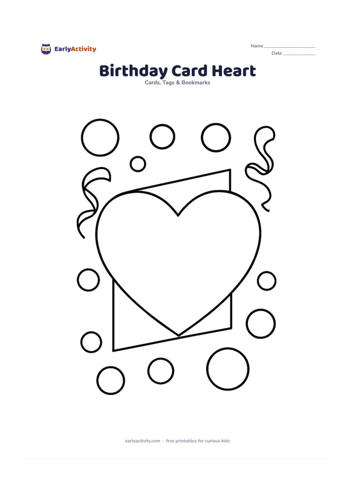 Worksheet: Show a large heart-shaped card with a simple folded edge, surrounded by oversized dots and two ribbon curls. Leave the centre of the heart completely blank for a child's message.