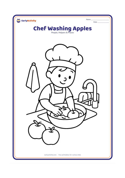 Colouring page: A child chef in an apron and hat washes apples in a bowl at a low kitchen sink. Include a small towel, a dish rack, and three large apples without any labels.