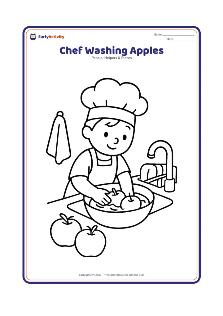 Colouring page: A child chef in an apron and hat washes apples in a bowl at a low kitchen sink. Include a small towel, a dish rack, and three large apples without any labels.