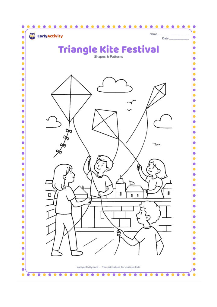Colouring page: Several children fly different triangular kites from a rooftop terrace, with kites showing simple geometric sections, long strings, distant rooftops, flags, and birds. Include a large…