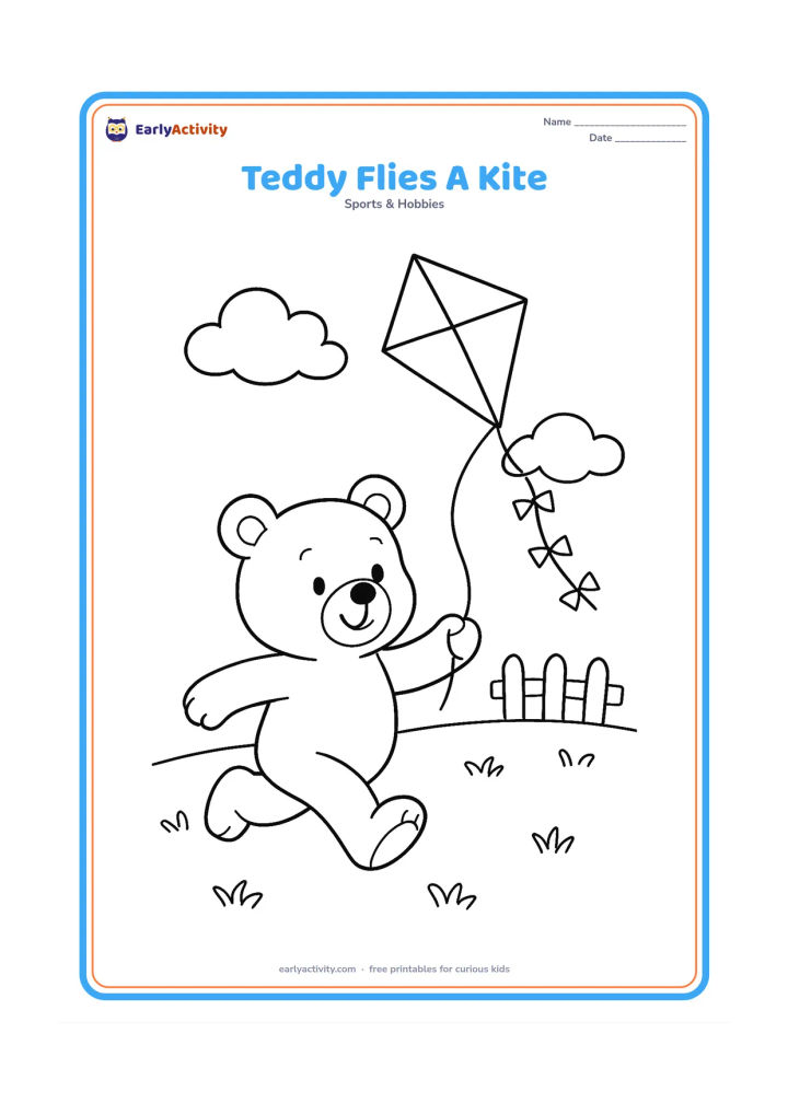 Colouring page: A teddy bear runs across a grassy field holding a kite string, with a diamond-shaped kite high above and a few clouds. Add a small fence in the distance.