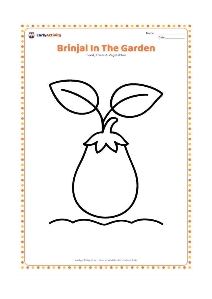 Colouring page: Draw one large brinjal hanging from a short plant with two broad leaves and a simple garden line below. Show the vegetable in a clear side view.