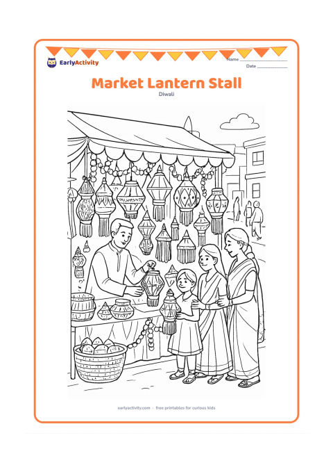 Colouring page: Draw a detailed Indian Diwali market stall covered with many lanterns in varied shapes, with a shopkeeper arranging them and a family choosing one. Add baskets, fabric awnings, flower…
