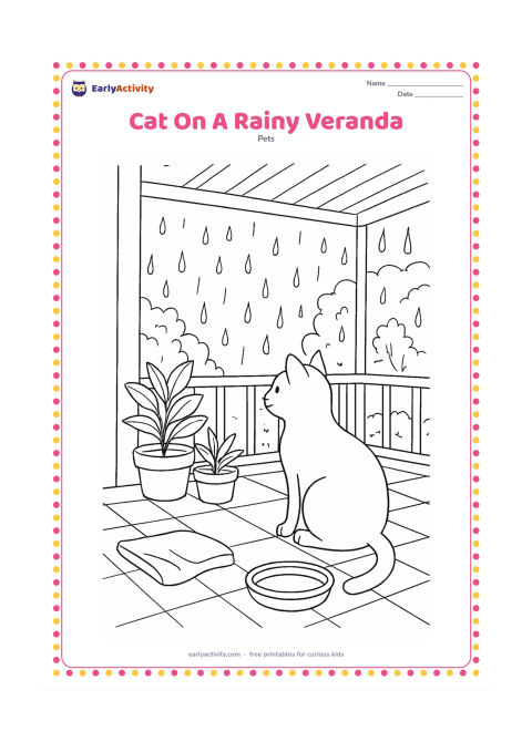 Colouring page: Draw a cat sitting on a covered veranda, watching rain fall over potted plants, a tiled floor, a low railing, and distant leafy trees. Include a folded cloth and a shallow water bowl nearby.