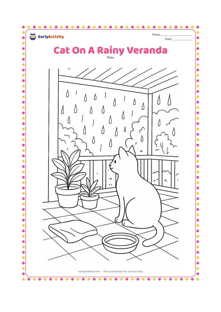Colouring page: Draw a cat sitting on a covered veranda, watching rain fall over potted plants, a tiled floor, a low railing, and distant leafy trees. Include a folded cloth and a shallow water bowl nearby.