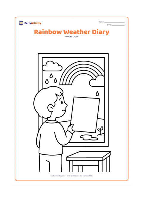 Worksheet: A child looks out of a window at a rainbow after rain, holding a blank rectangular weather notebook page beside the window. Include clouds, a puddle, a small plant and a simple table,…