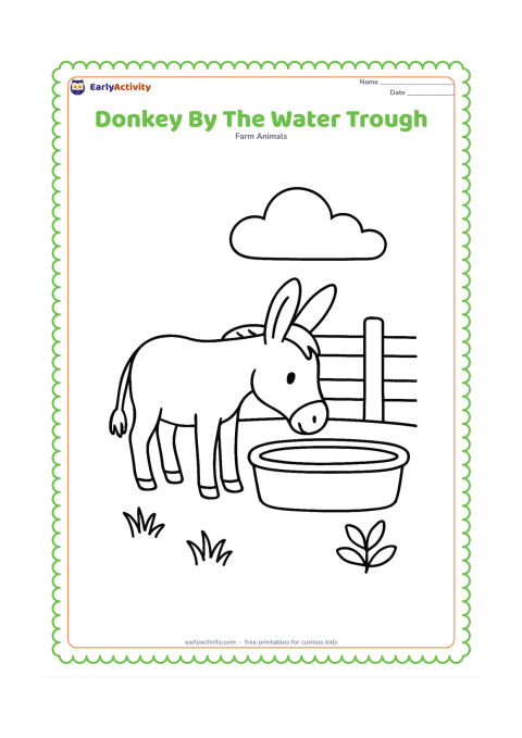 Colouring page: A friendly donkey bends its head toward a wide farm water trough beside a fence. Include a few grass tufts, a small leafy plant and a large cloud in the background.