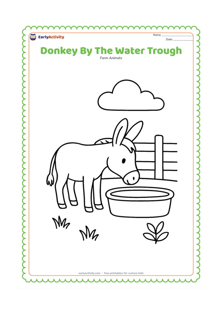 Colouring page: A friendly donkey bends its head toward a wide farm water trough beside a fence. Include a few grass tufts, a small leafy plant and a large cloud in the background.