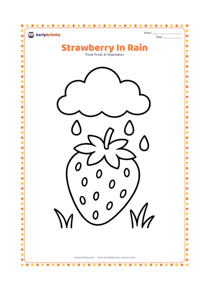 Colouring page: Draw a large strawberry with its leafy top beneath one simple cloud, with a few large raindrops and two short blades of grass below.